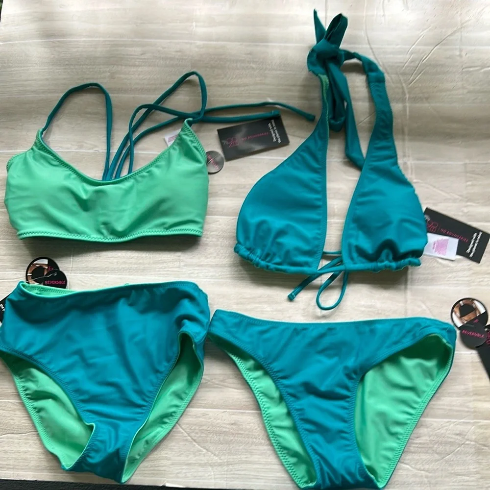 No Boundaries NWT Reversible High Teal & Green Waisted Bikini Bottom